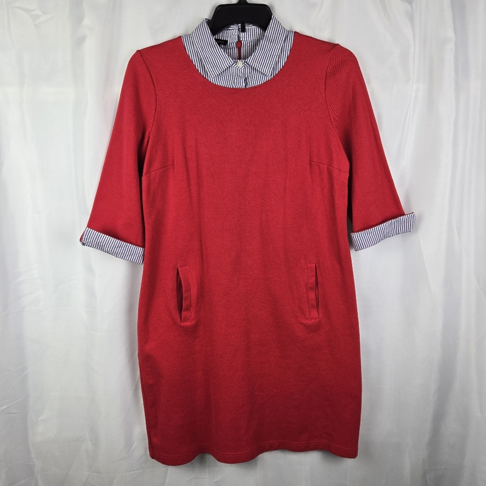 Talbots Red Pique Cotton Layered Look Collared Pockets Shirt Dress Size Medium